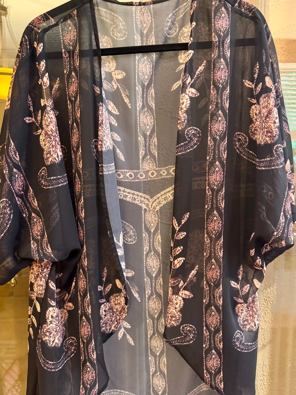 Sheer Floral-Print Kimono Cardigan in Black and Pink